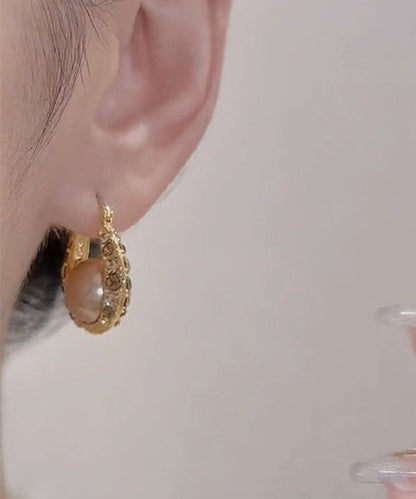 Gold Copper Alloy Zircon Pearl Hoop Earrings
