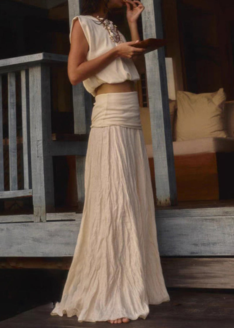 Beige High Waist Cotton Two Pieces Set Sleeveless Summer