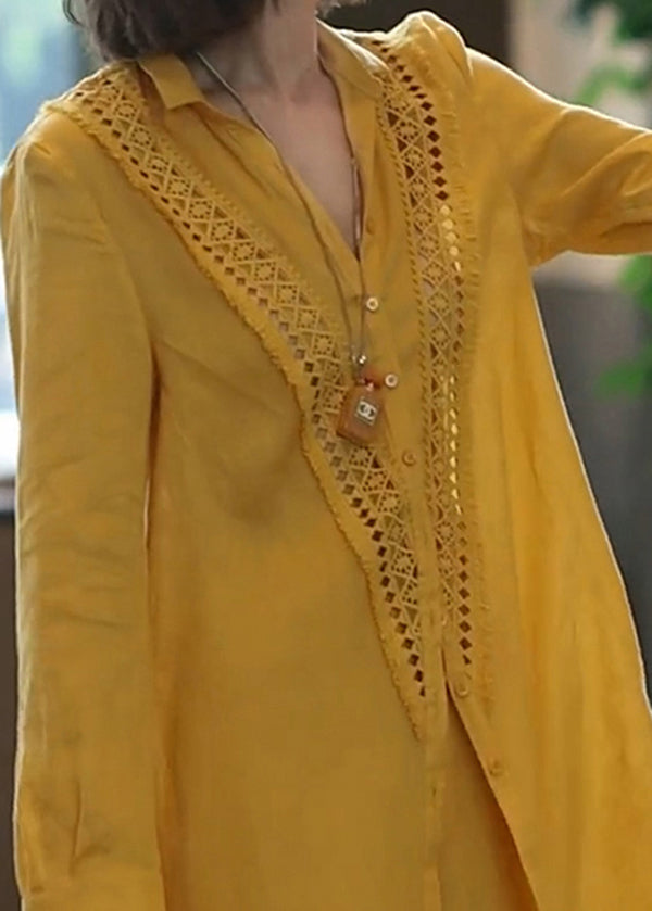 Unique Yellow Hollow Out Linen Sets 2 Pieces Fall