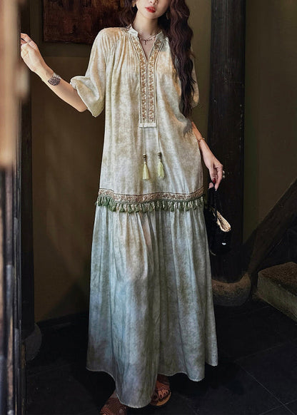 Loose Green Tasseled Silk Long Dresses Butterfly Sleeve
