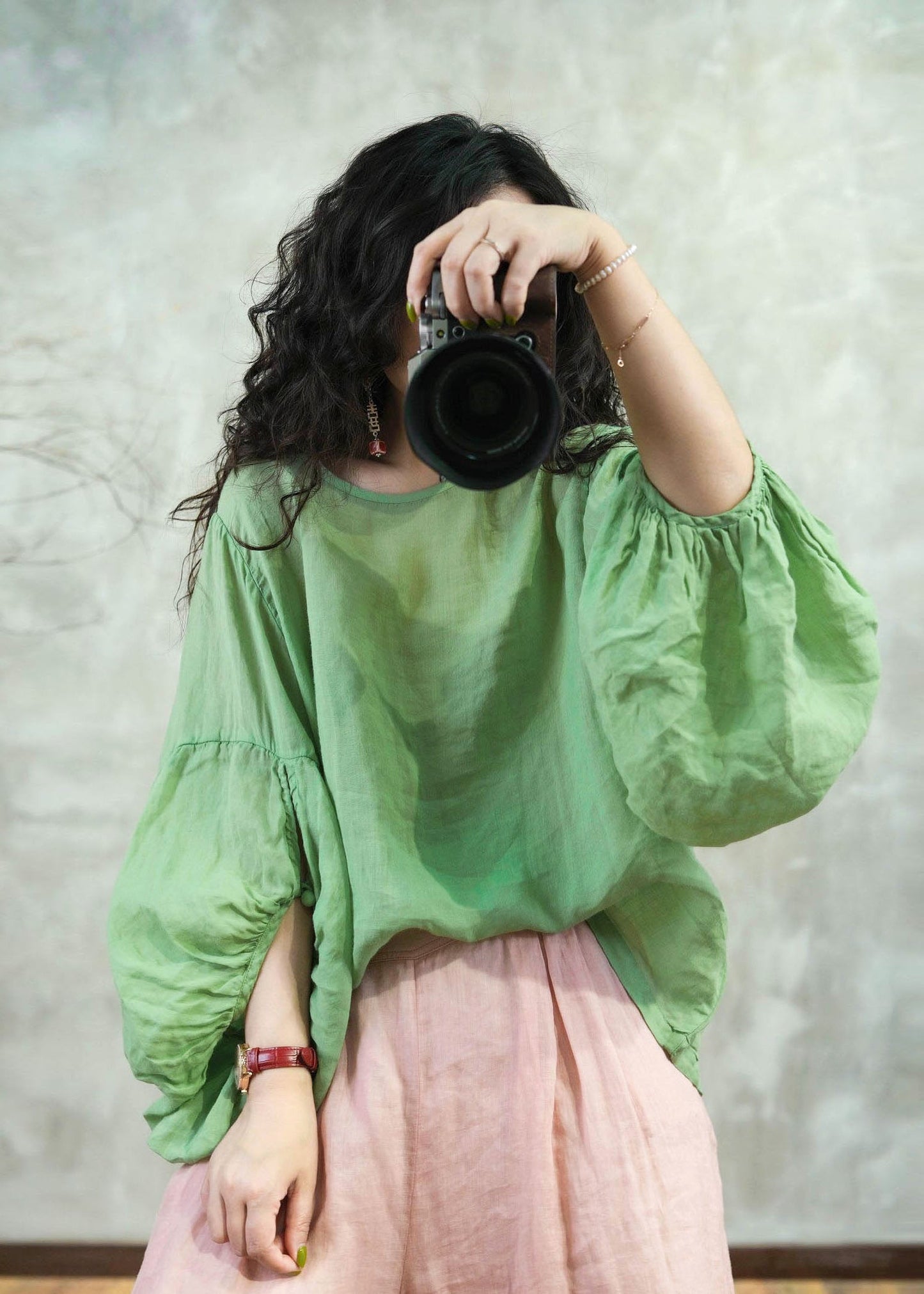 Grass Green O Neck Patchwork Cotton Top Lantern Sleeve