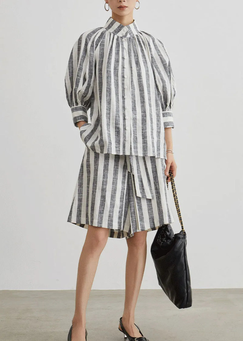 Stylish Grey Stand Collar Striped Cotton Two Pieces Set Summer