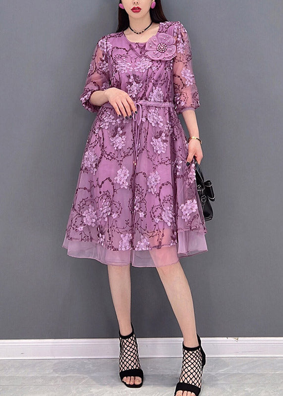 Purple O-neck Print Tie Waist Tulle Patchwork Chiffon Dresses Three Quarter Sleeve