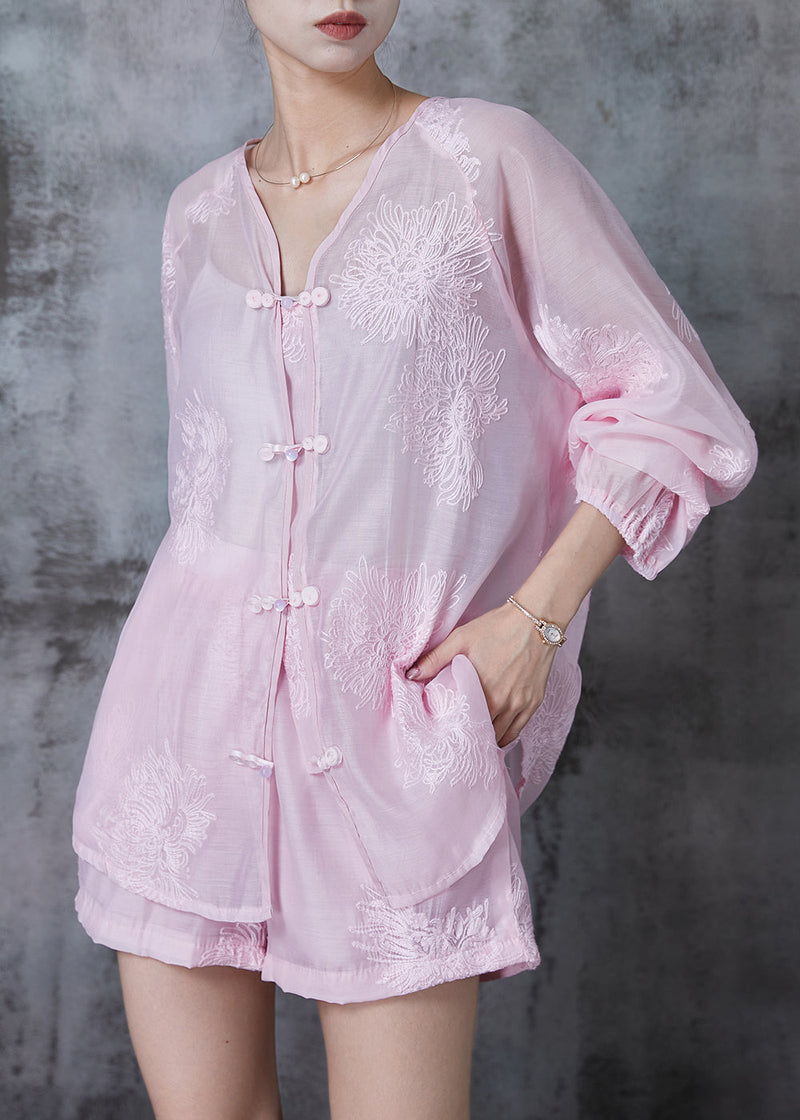 Diy Pink Embroidered Chiffon Two Piece Set Clothing Summer