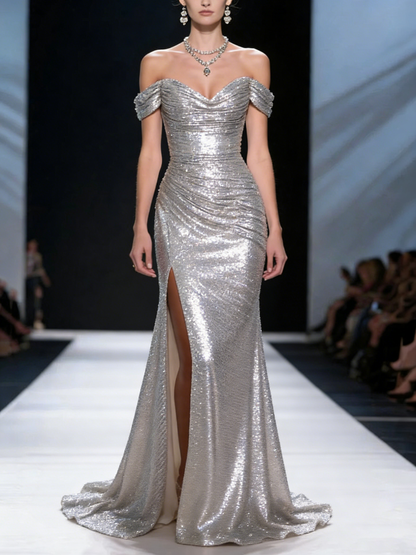 New Silver Slash Neck Side Open Sequins Party Dress Summer