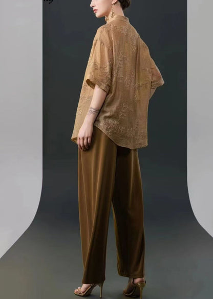Chinese Style Beige Embroidered Button Silk Two-piece Set Summer