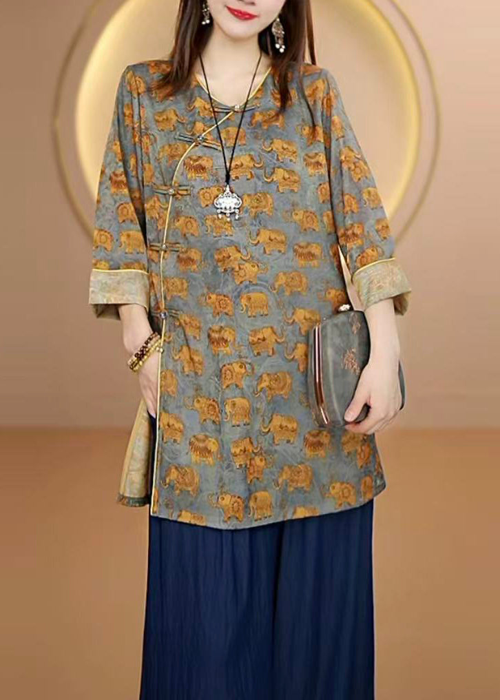Yellow O Neck Print Oriental Button Silk Top Bracelet Sleeve