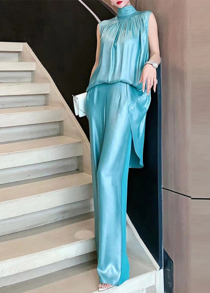 Organic Blue Hign Neck Tops and Pants Silk Two Pieces Set Sleeveless