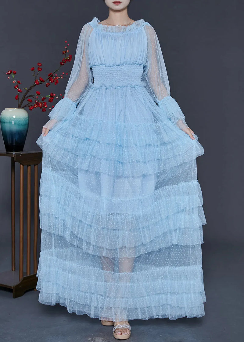 Blue Elastic Waist Patchwork Tulle Party Dress Fall