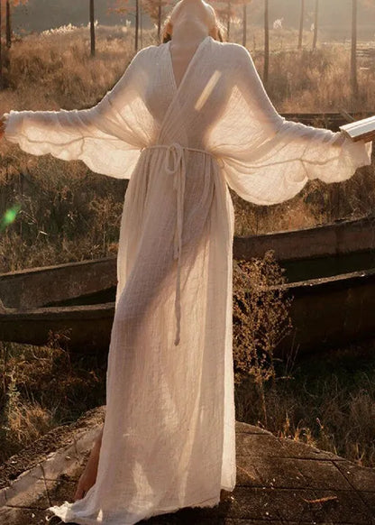 Classy White V Neck Tie Waist Cotton Dresses Long Sleeve