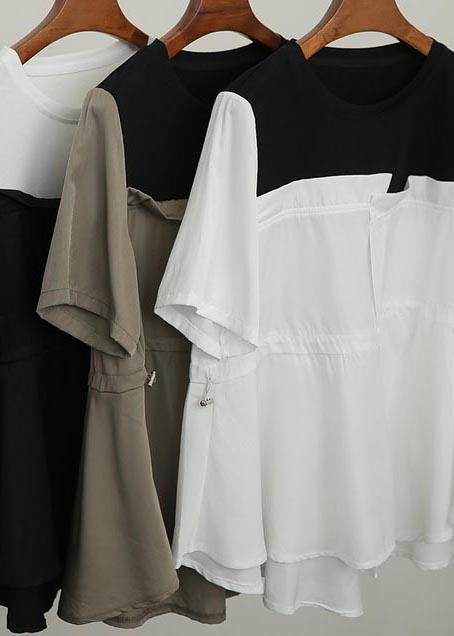 French White Patchwork O-neck Blouses Summer