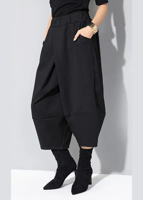 Modern Black Elastic Waist Patchwork Pockets Fall Wide Leg Pants
