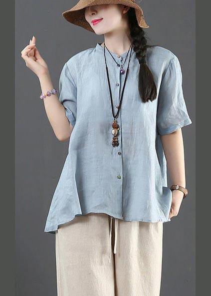 Style Blue Half Sleeve Linen Shirt Tops Summer