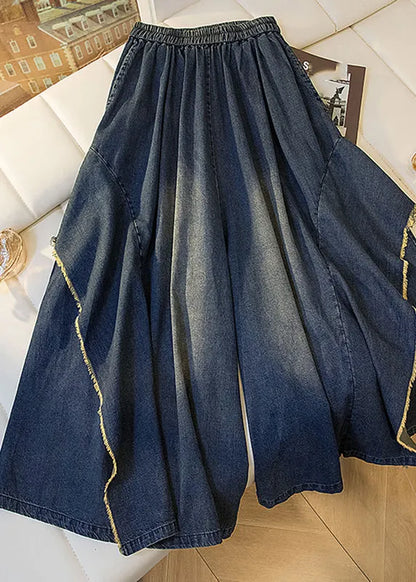 Blue Pockets Patchwork Wide Leg Denim Pants Fall