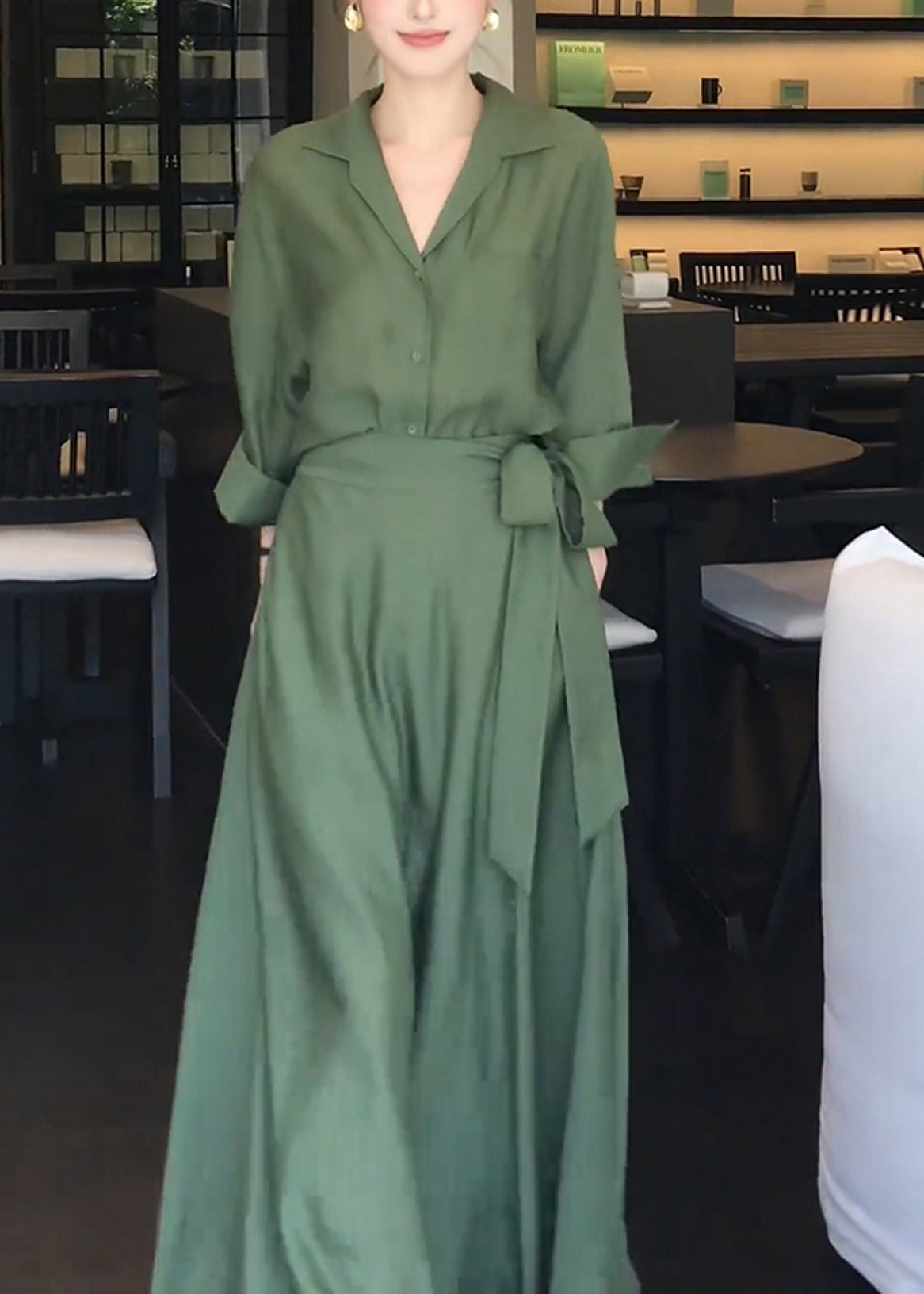 Green Peter Pan Collar Shirts and Skirts Cotton Two Pieces Set Spring