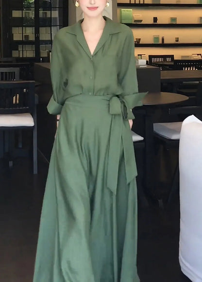Green Peter Pan Collar Shirts and Skirts Cotton Two Pieces Set Spring