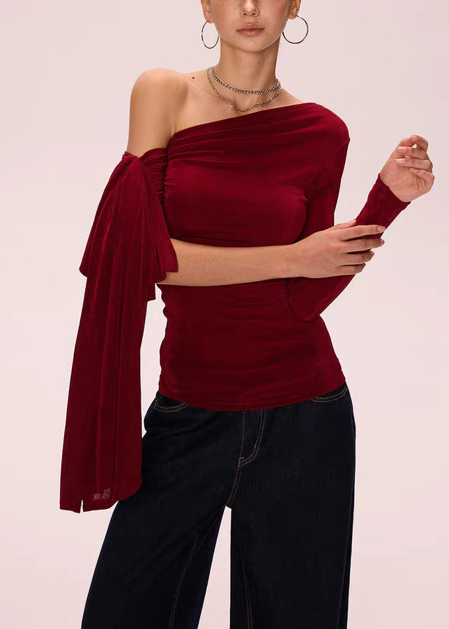 Red Slim Fit Cotton Fall T Shirts Asymmetrical