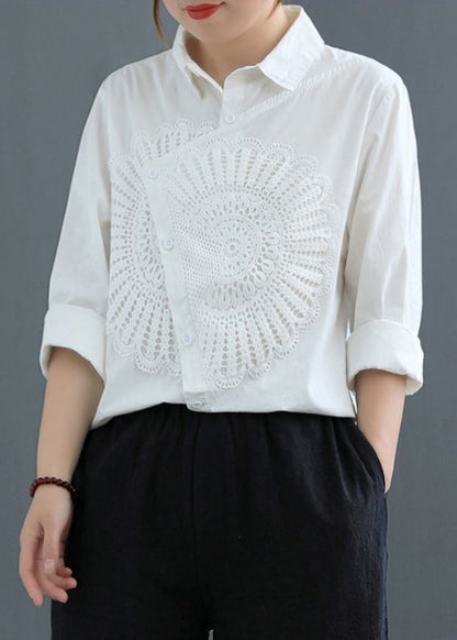 Classy White Asymmetrical Patchwork Lace Shirt Spring