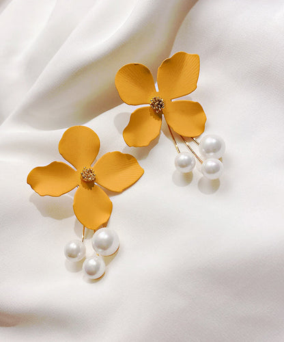 Yellow Metal Pearl Tassel Drop Earrings