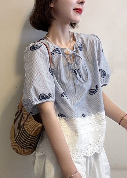 Striped Blue Embroidered Hollow Out Patchwork Cotton Blouse Summer