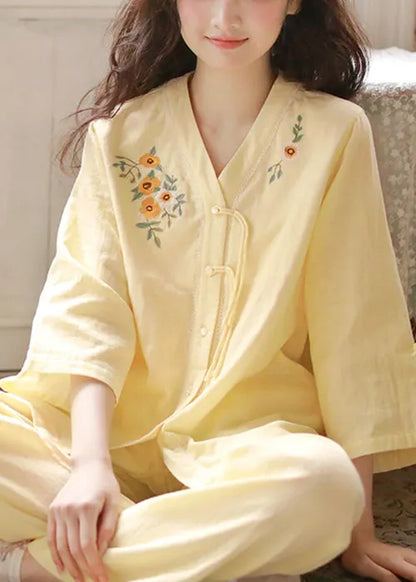 Original Purple Embroidered Button Cotton Pajamas Two Piece Set Bracelet Sleeve