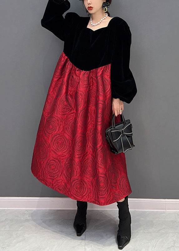 Colorblock U Neck Puff Sleeve Velour Patchwork Silk Princess Dress