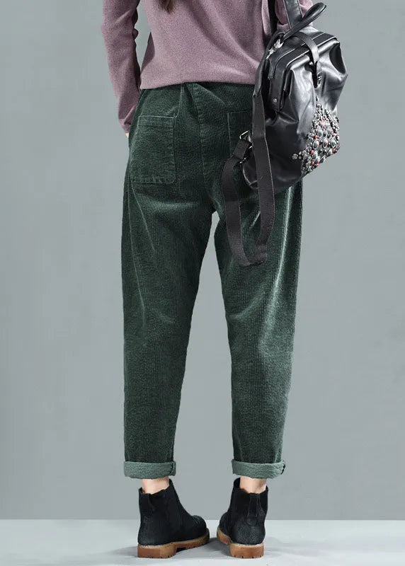 Green Elastic Waist Patchwork Corduroy Harem Pants Fall