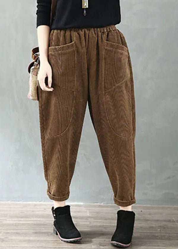 Chocolate Elastic Waist Pockets Velour Harem Pants Fall