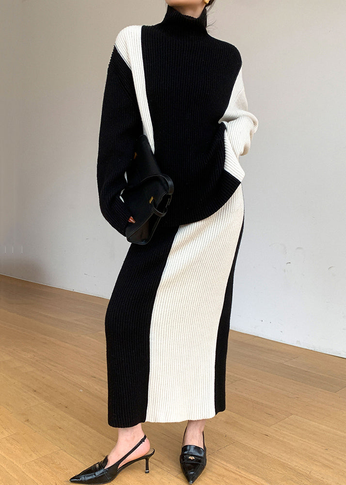 Loose Black Turtleneck Patchwork Tops and Skirts Knit Two Pieces Set Fall