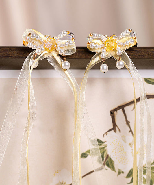 Yellow Copper Alloy Chiffon Pearl Colored Glaze Ribbon Kids Hairpin
