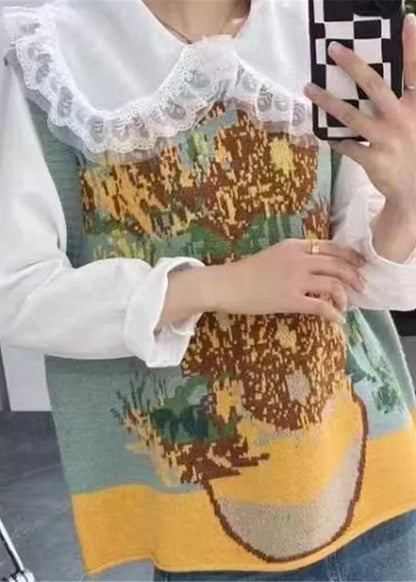 Retro Blue O-neck Print Cotton Knit Waistcoat Sleeveless