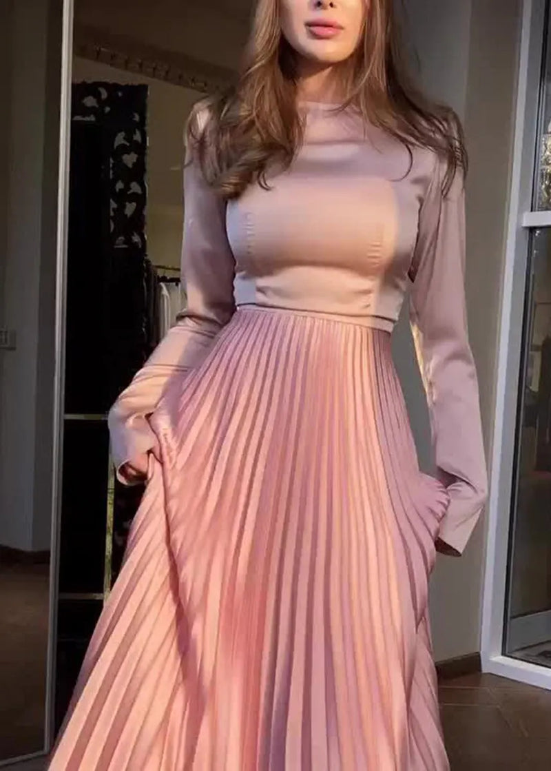 Spring New Pink Pleated Long Sleeved Dress Shawl Set