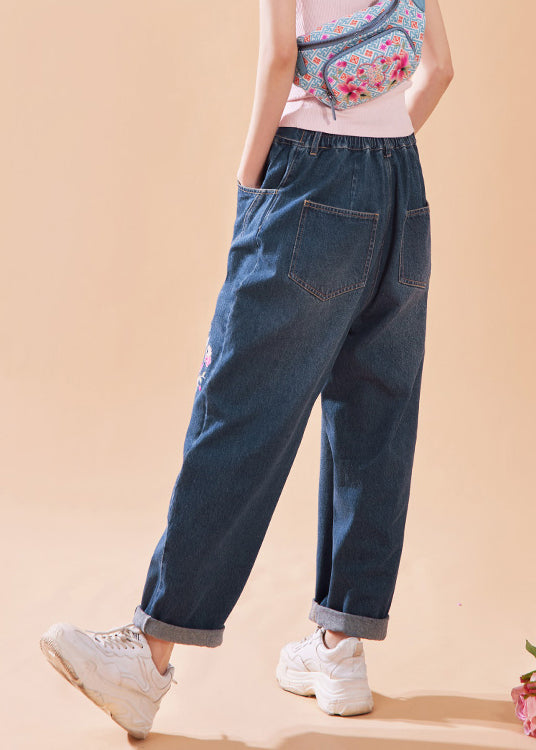 Denim Blue Embroideried Button Pockets Zippered Wide Leg Pants Summer
