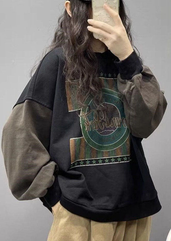 Style Black Print Cotton Sweatshirt Street Wear Spring