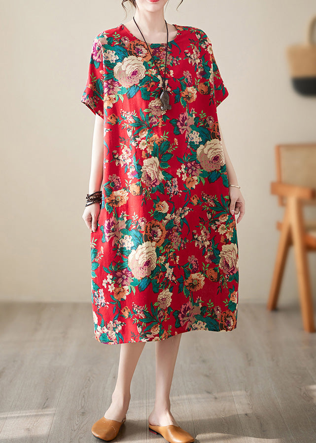 Handmade Navy Blue O-neck Print Cotton Long Dress Short Sleeve