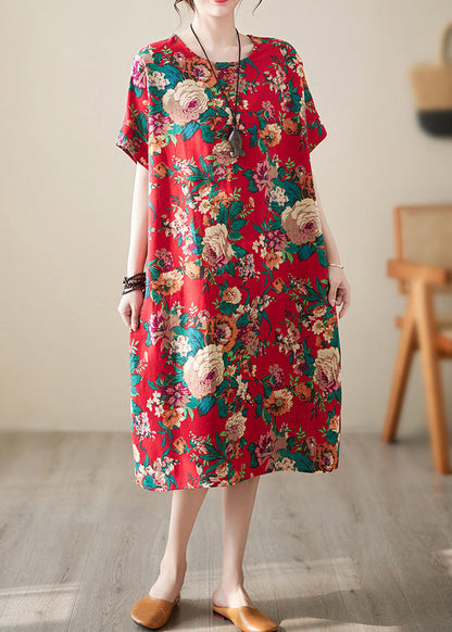 Handmade Red O-neck Print Cotton Long Dress Short Sleeve
