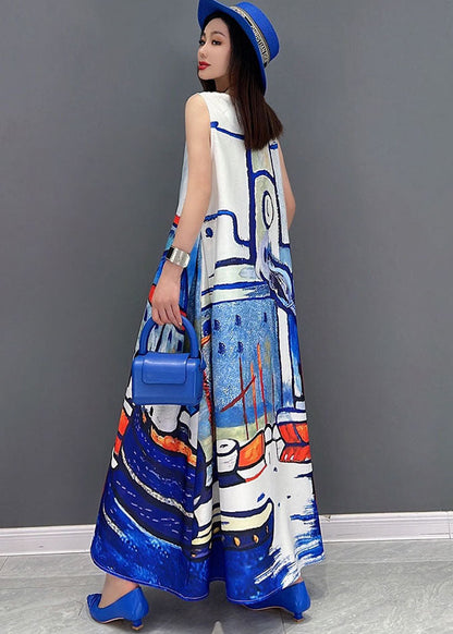 White V Neck Graphic Print Chiffon a Line Long Dress Sleeveless