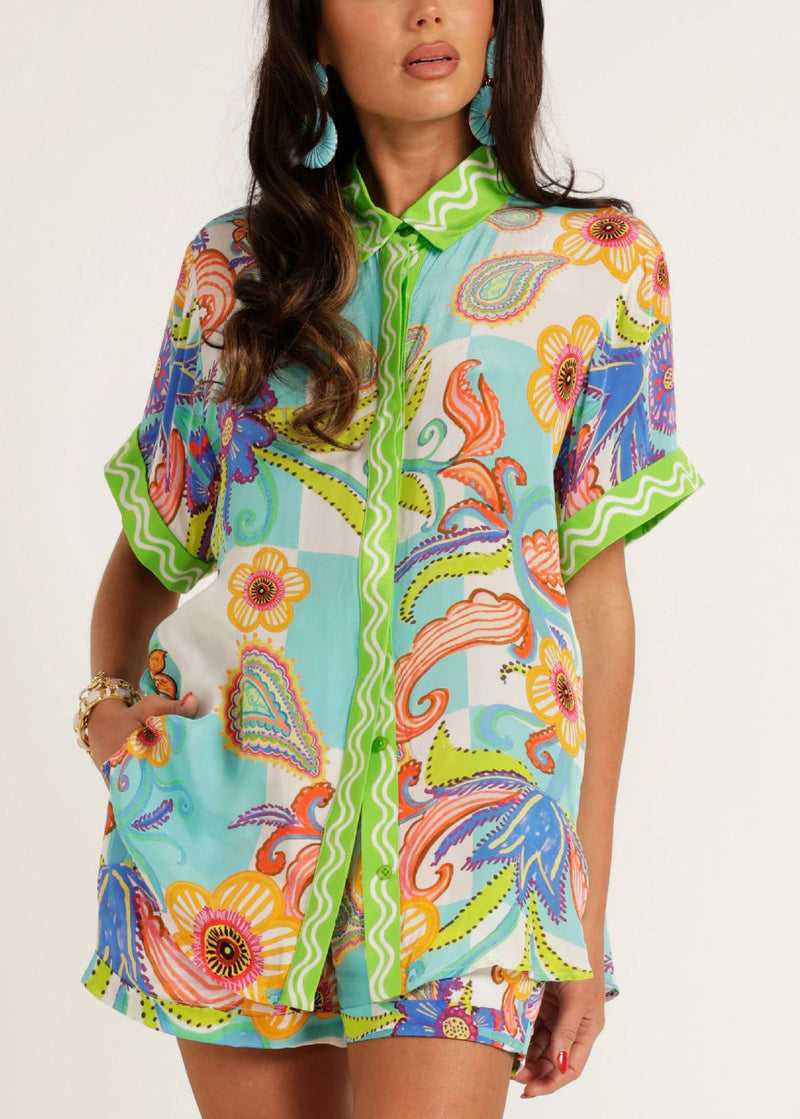 Blue Peter Pan Collar Print Ice Silk Two Pieces Set Summer