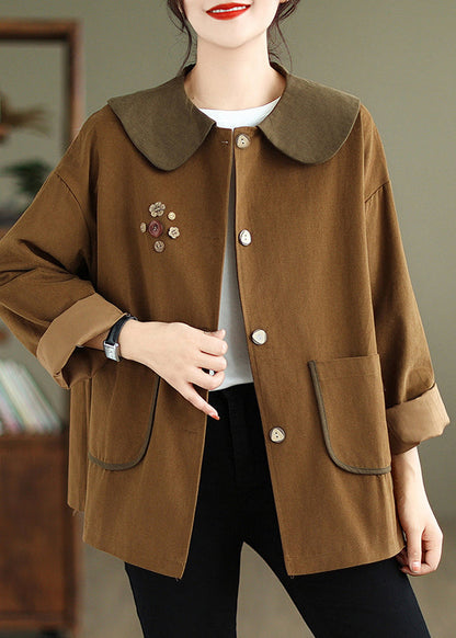 Chocolate Peter Pan Collar Patchwork Cotton Coat Spring