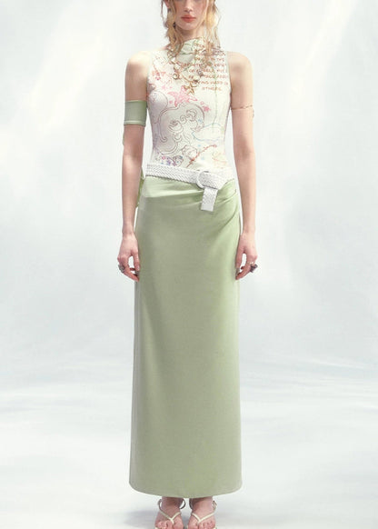 French White Green Print Long Dresses Sleeveless