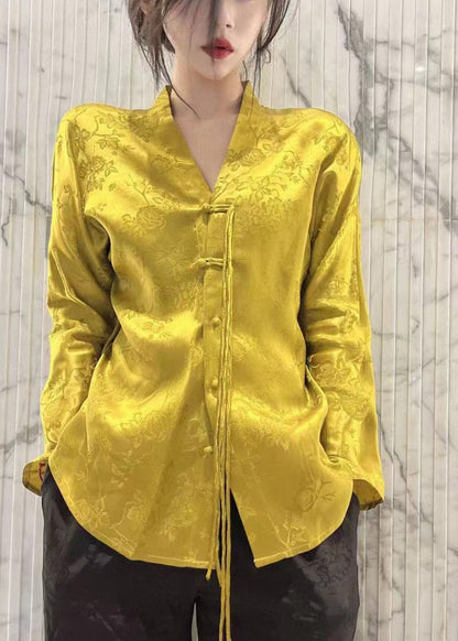 Chinese Style Yellow V Neck Jacquard Silk Shirt Tops Long Sleeve