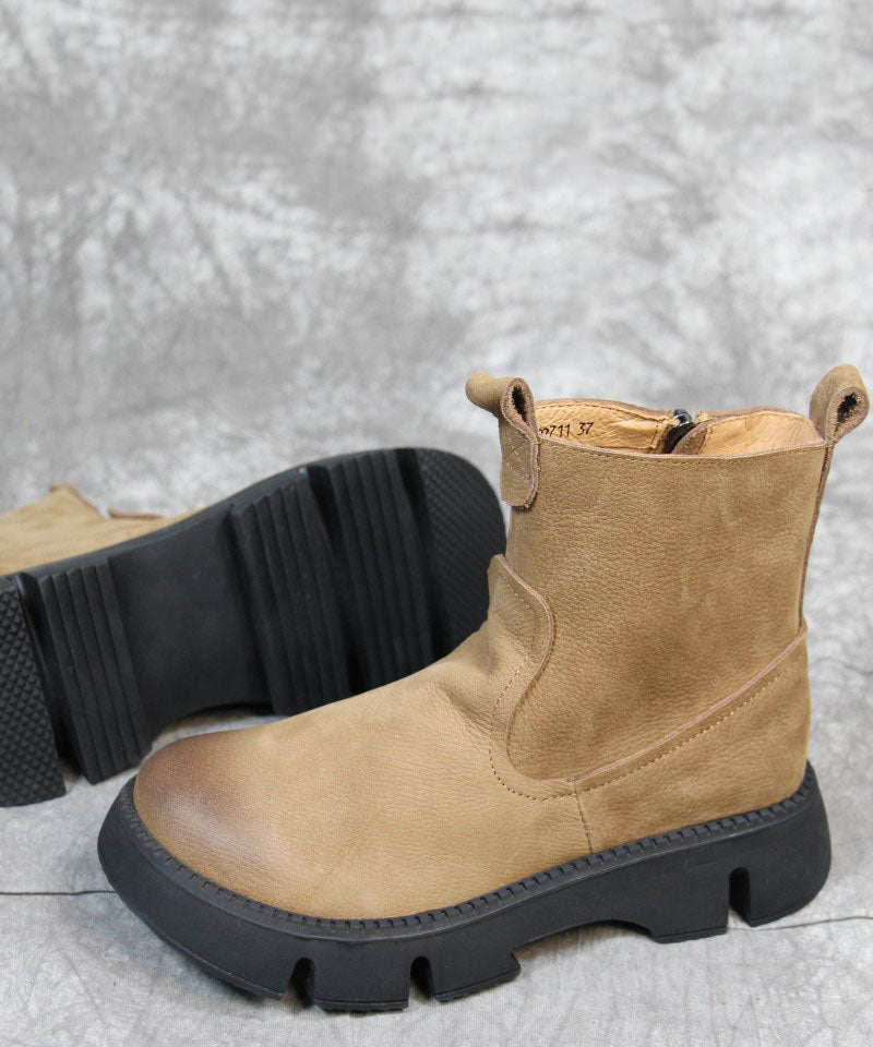 Khaki Boots Platform Zippered Cowhide Leather Boots