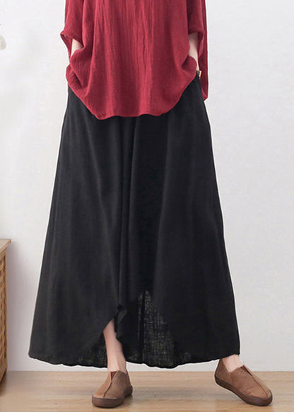 Black Elastic Waist Pockets Linen Wide Leg Pants Skirt Fall