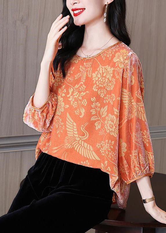 Orange O-neck Print Silk Velour Tops Fall