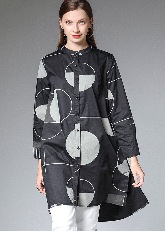 Modern Black Geometric Low High Design Side Open Long Shirts Shirts Fall