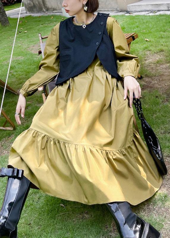 Khaki Patchwork Button Fall Maxi Dress Long Sleeve