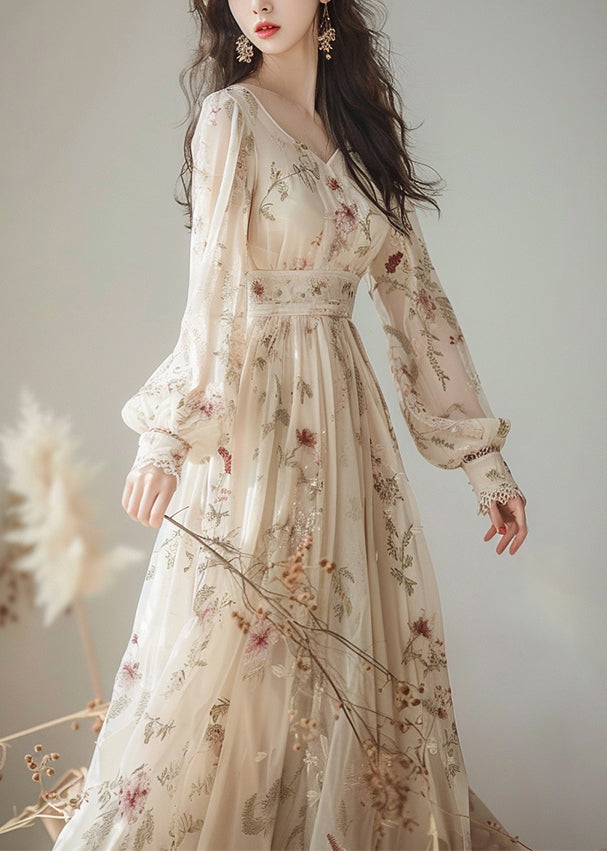 V Neck Print High Waist Chiffon Dress Long Sleeve Spring