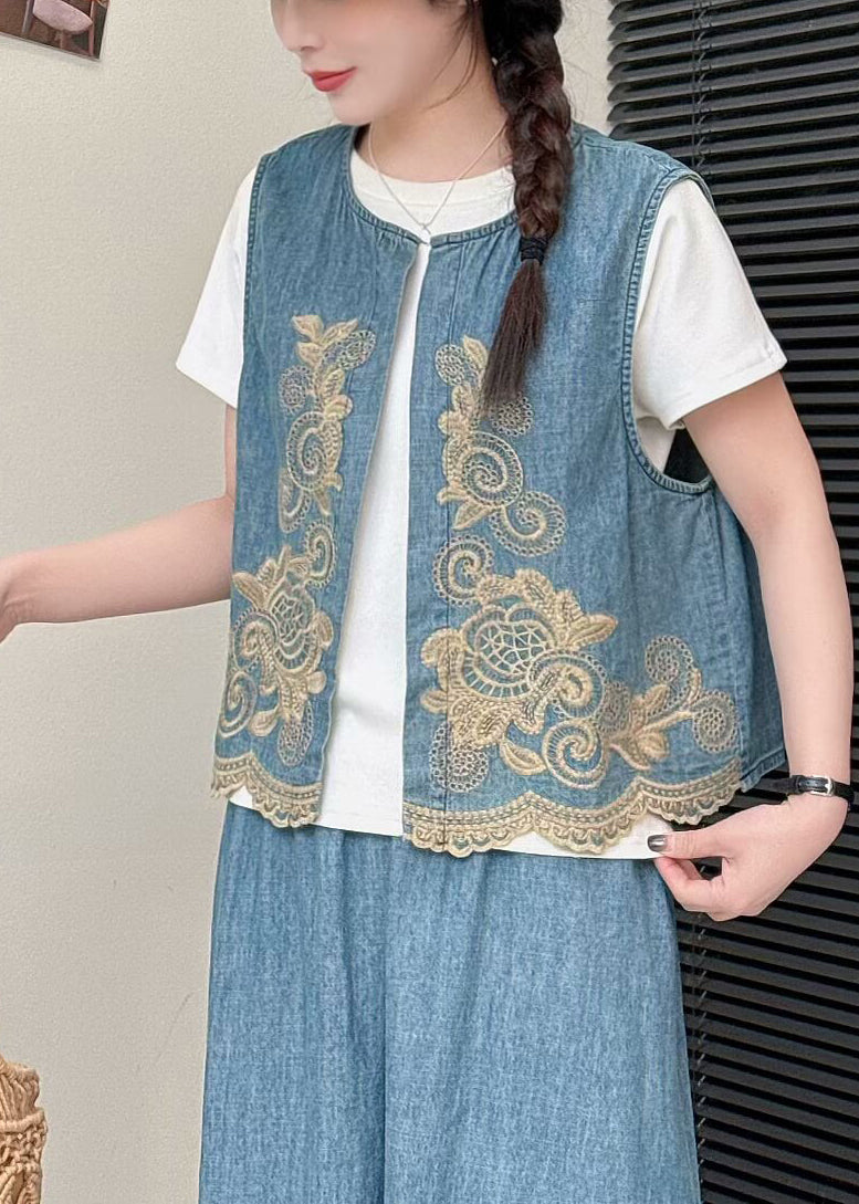 Light Green Embroideried Denim Vests Summer