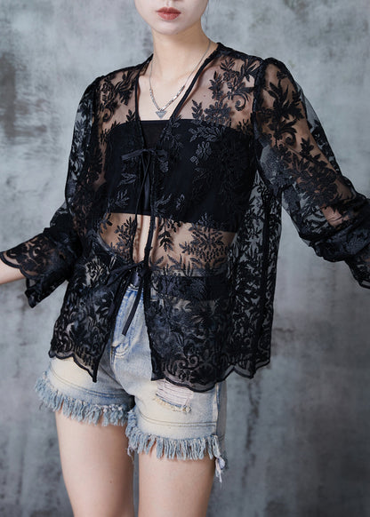 Italian Black Embroidered Tulle Upf 50+ Cardigan Summer