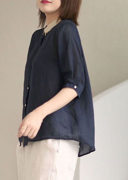 Navy Peter Pan Collar Button Loose Fall Half Sleeve Shirt Tops